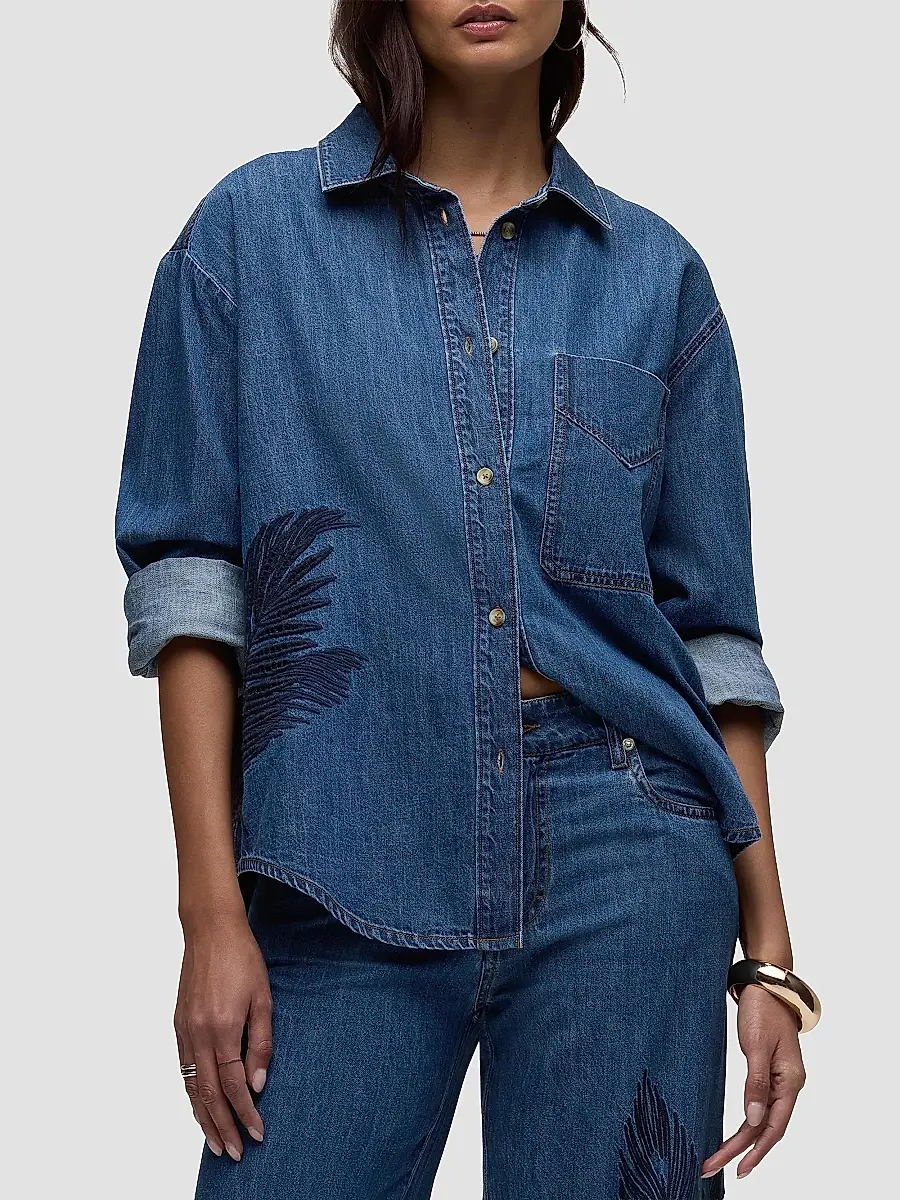 Hudson Jeans Women's Embroidered Palm Oversized Button-Front Denim Shirt | Thumbnail 4