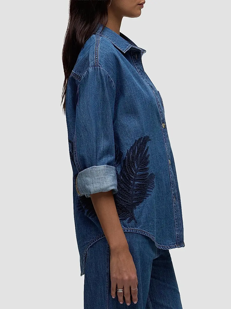 Hudson Jeans Women's Embroidered Palm Oversized Button-Front Denim Shirt | Thumbnail 5