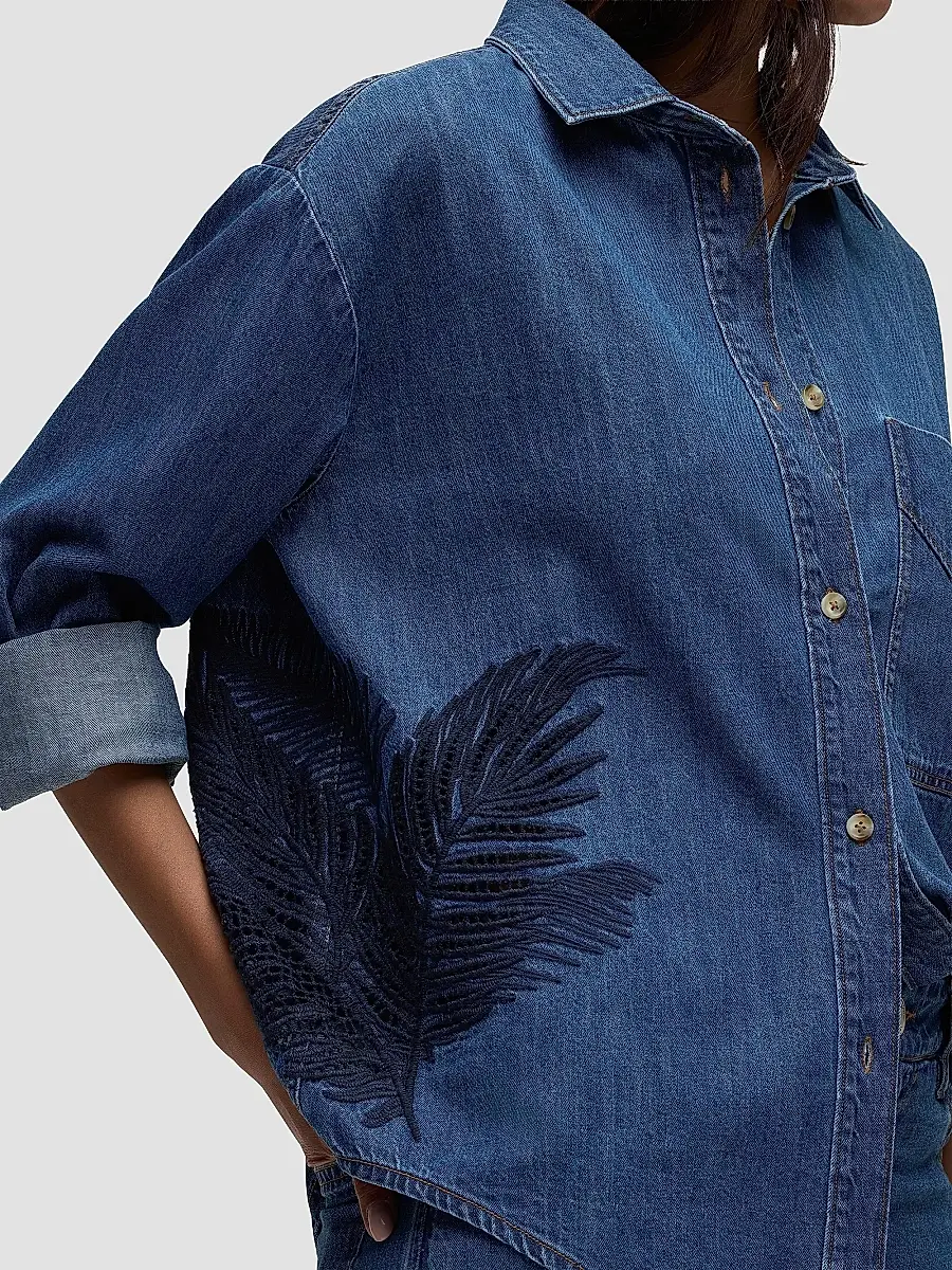 Hudson Jeans Women's Embroidered Palm Oversized Button-Front Denim Shirt | Thumbnail 7
