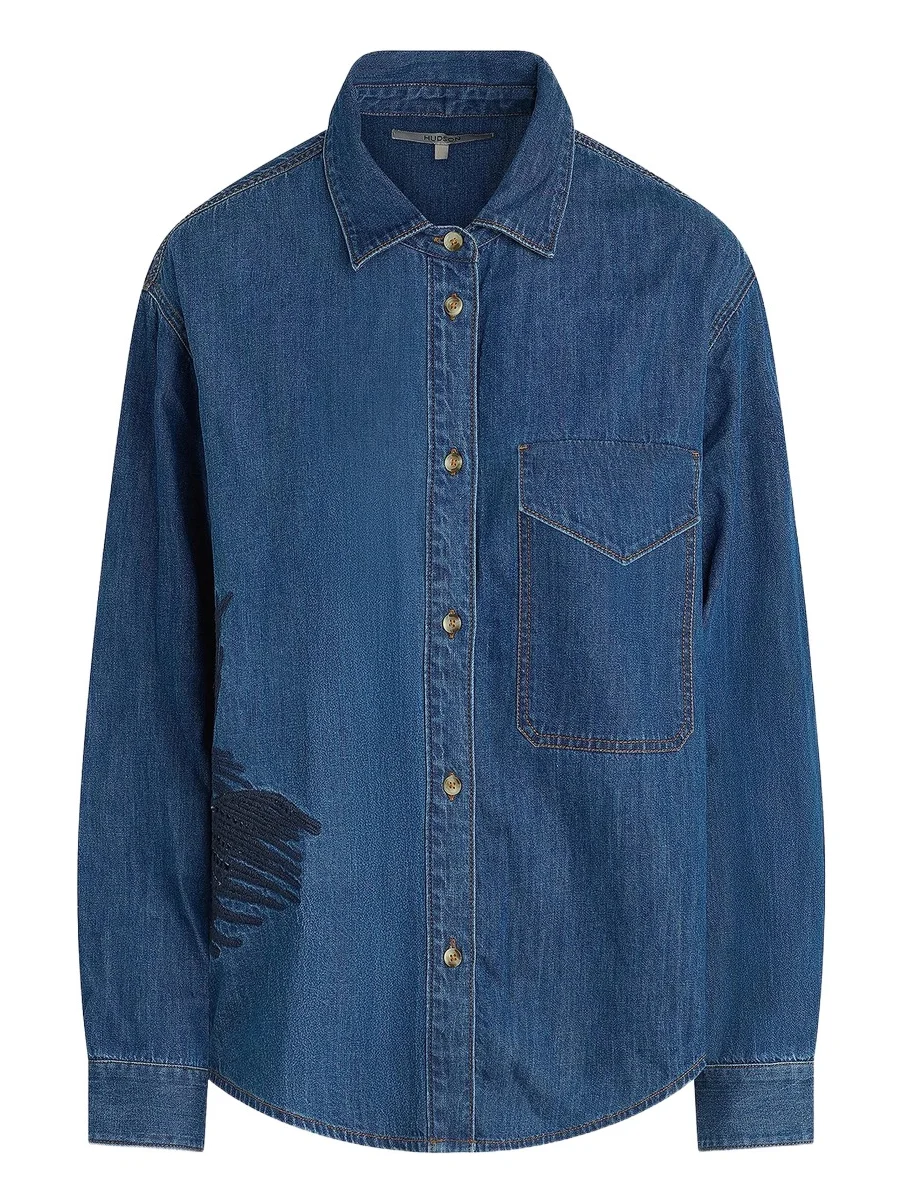 Women's Embroidered Palm Oversized Button-Front Denim Shirt Women's Embroidered Palm Oversized Button-Front Denim Shirt