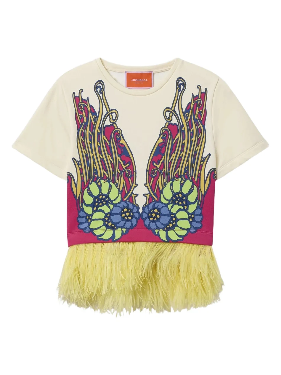 La DoubleJ Women's La Scala Tee with Feathers - Lemuria Placee Pink