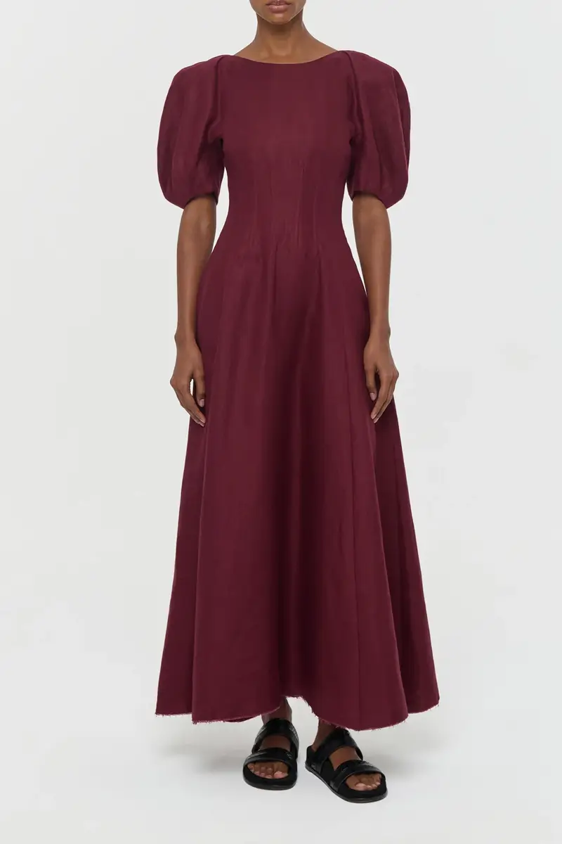 Gabriela Hearst Ranya Puff Sleeve Maxi Dress in Bordeaux Linen Twill | Thumbnail 2 Gabriela Hearst Ranya Puff Sleeve Maxi Dress in Bordeaux Linen Twill | Thumbnail 2
