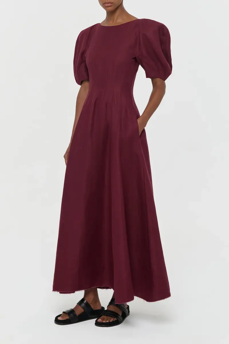 Gabriela Hearst Ranya Puff Sleeve Maxi Dress in Bordeaux Linen Twill | Thumbnail 3 Gabriela Hearst Ranya Puff Sleeve Maxi Dress in Bordeaux Linen Twill | Thumbnail 3