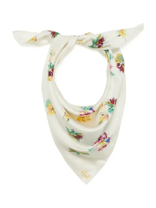 Savin Mia's Flowers Scarf in Ivory Multi Printed Silk Twill