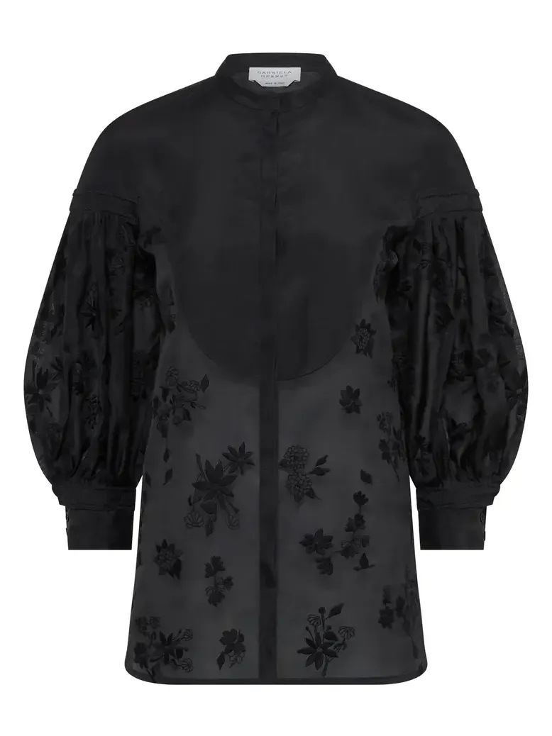 Sofia Mia's Flowers Blouse in Black Embroidered Silk Organza