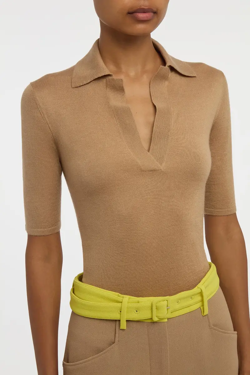 Gabriela Hearst Caius Knit Short Sleeve Polo in Camel Cashmere Silk | Thumbnail 5