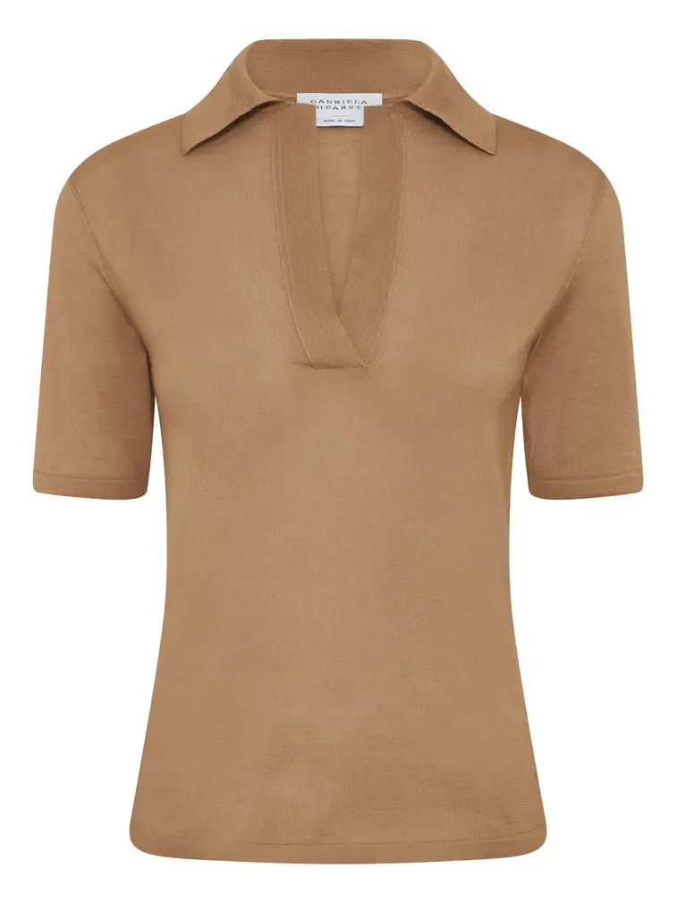 Gabriela Hearst Caius Knit Short Sleeve Polo in Camel Cashmere Silk