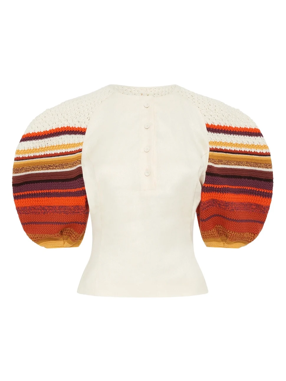 Elira Crochet Puff Sleeve Top in Ivory Textured Linen Slub