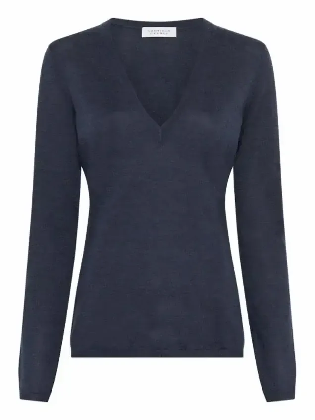 Clementia Knit V-Neck Sweater in Denim Cashmere Silk