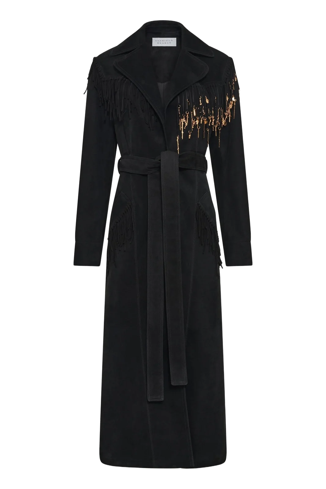 Thaniel Fringe Trench Coat in Black Suede with Charms