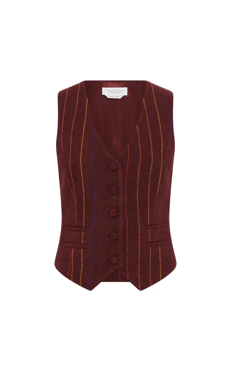 Gabriela Hearst Coleridge Vest in Burnt Sienna Multi Pinstripe Wool Cashmere | Image 1 Gabriela Hearst Coleridge Vest in Burnt Sienna Multi Pinstripe Wool Cashmere | Image 1