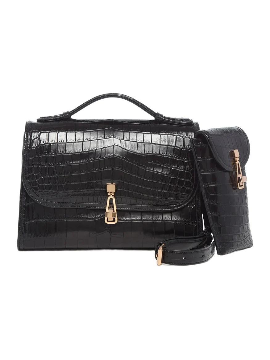 Gabriela Hearst Medium Leonora Flap Bag in Black Crocodile Leather with Sunglasses Pouch