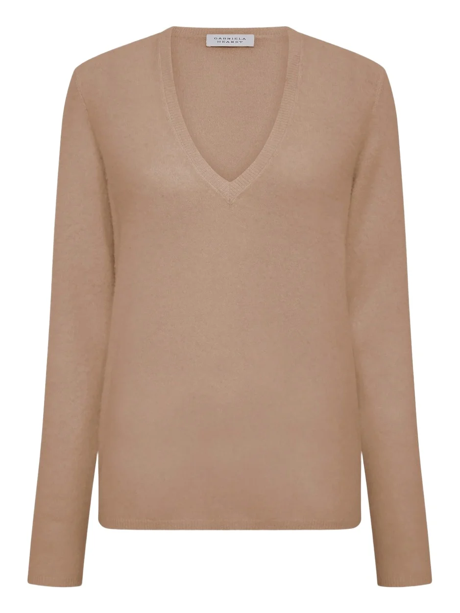 Vesper Knit V-Neck Sweater in Camel Brushed Cashmere Vesper Knit V-Neck Sweater in Camel Brushed Cashmere