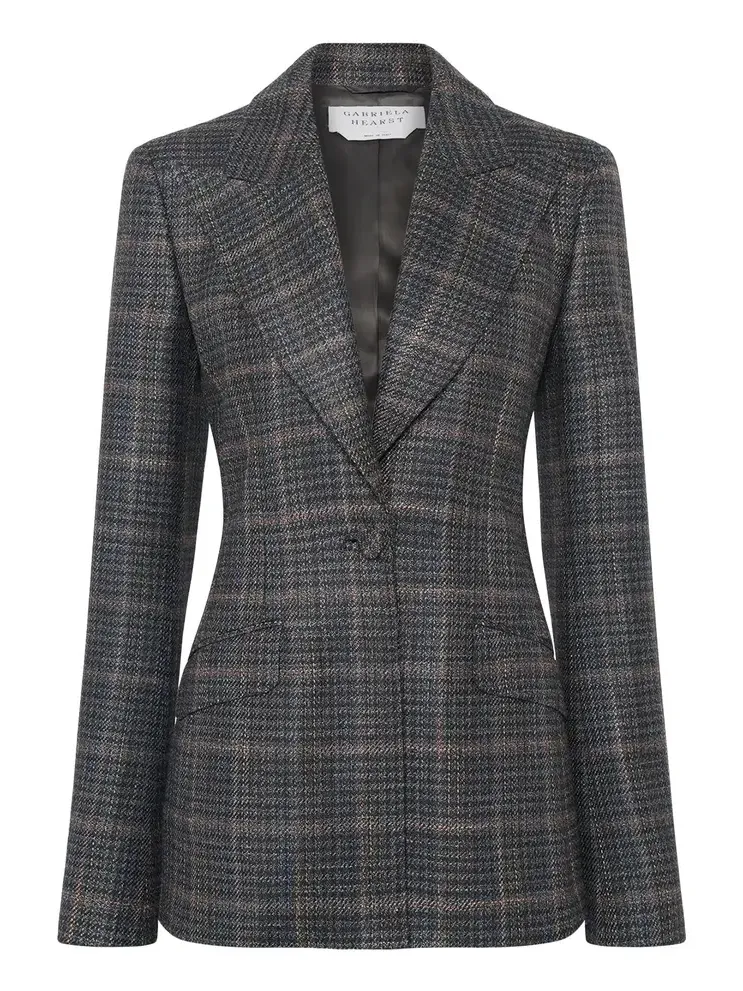 Leiva Blazer in Charcoal Multi Wool Silk Clubcheck Plaid