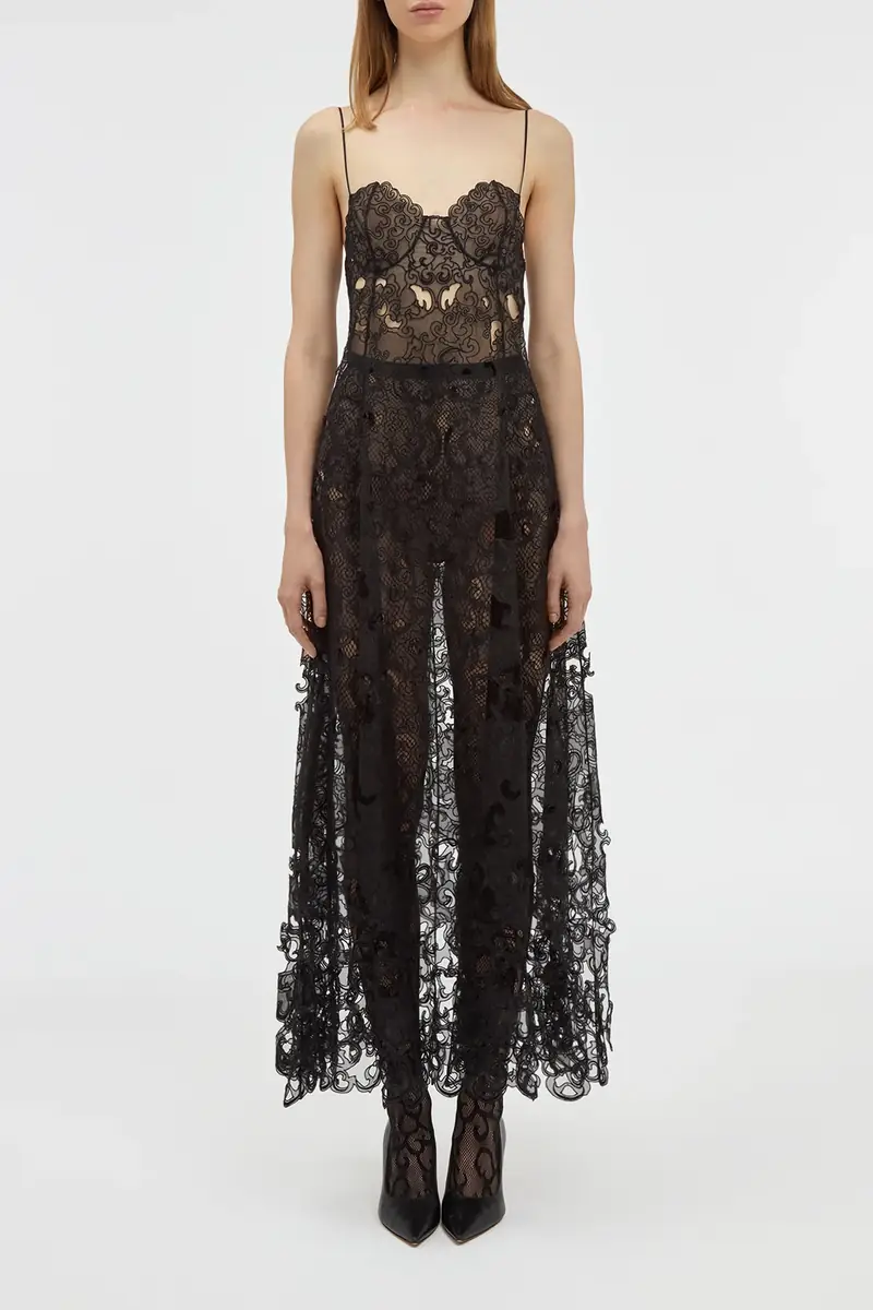 Gabriela Hearst Luma Slip Midi Dress in Black Silk Organza Lace | Thumbnail 2
