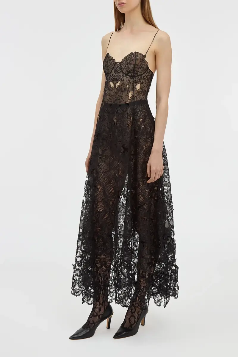 Gabriela Hearst Luma Slip Midi Dress in Black Silk Organza Lace | Thumbnail 3