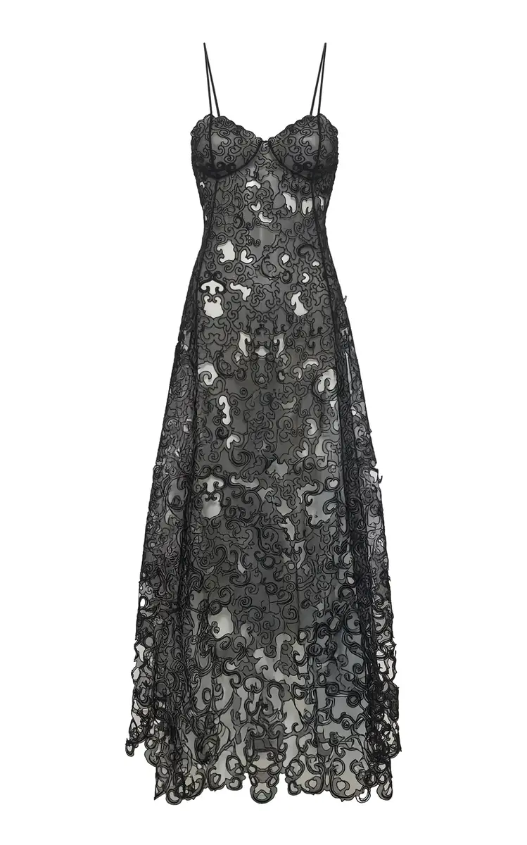 Gabriela Hearst Luma Slip Midi Dress in Black Silk Organza Lace | Image 1 Gabriela Hearst Luma Slip Midi Dress in Black Silk Organza Lace | Image 1