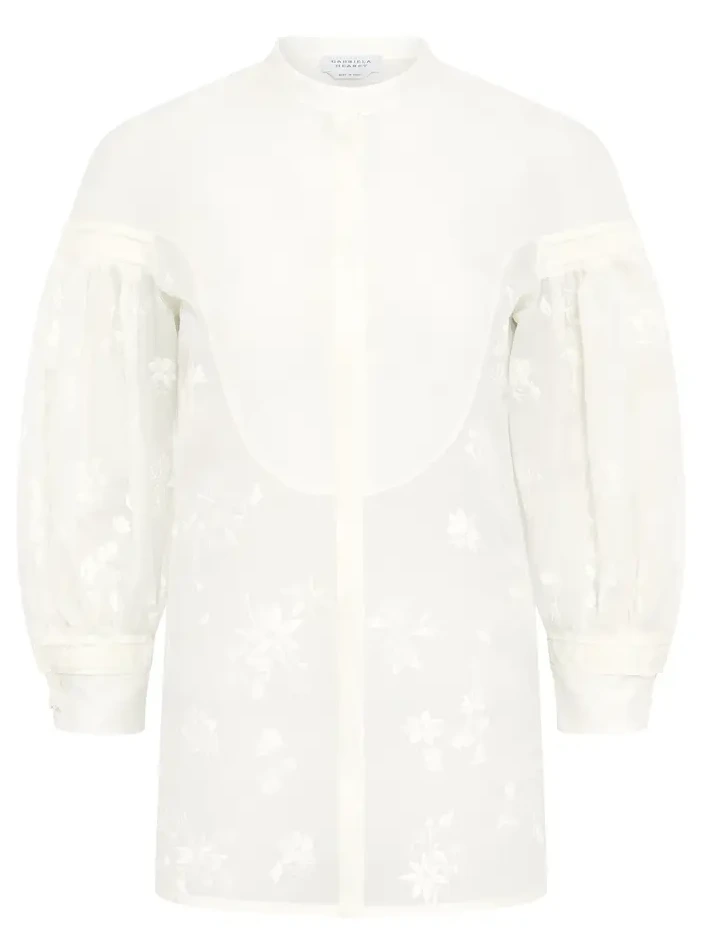 Sofia Mia's Flowers Blouse in Ivory Embroidered Silk Organza