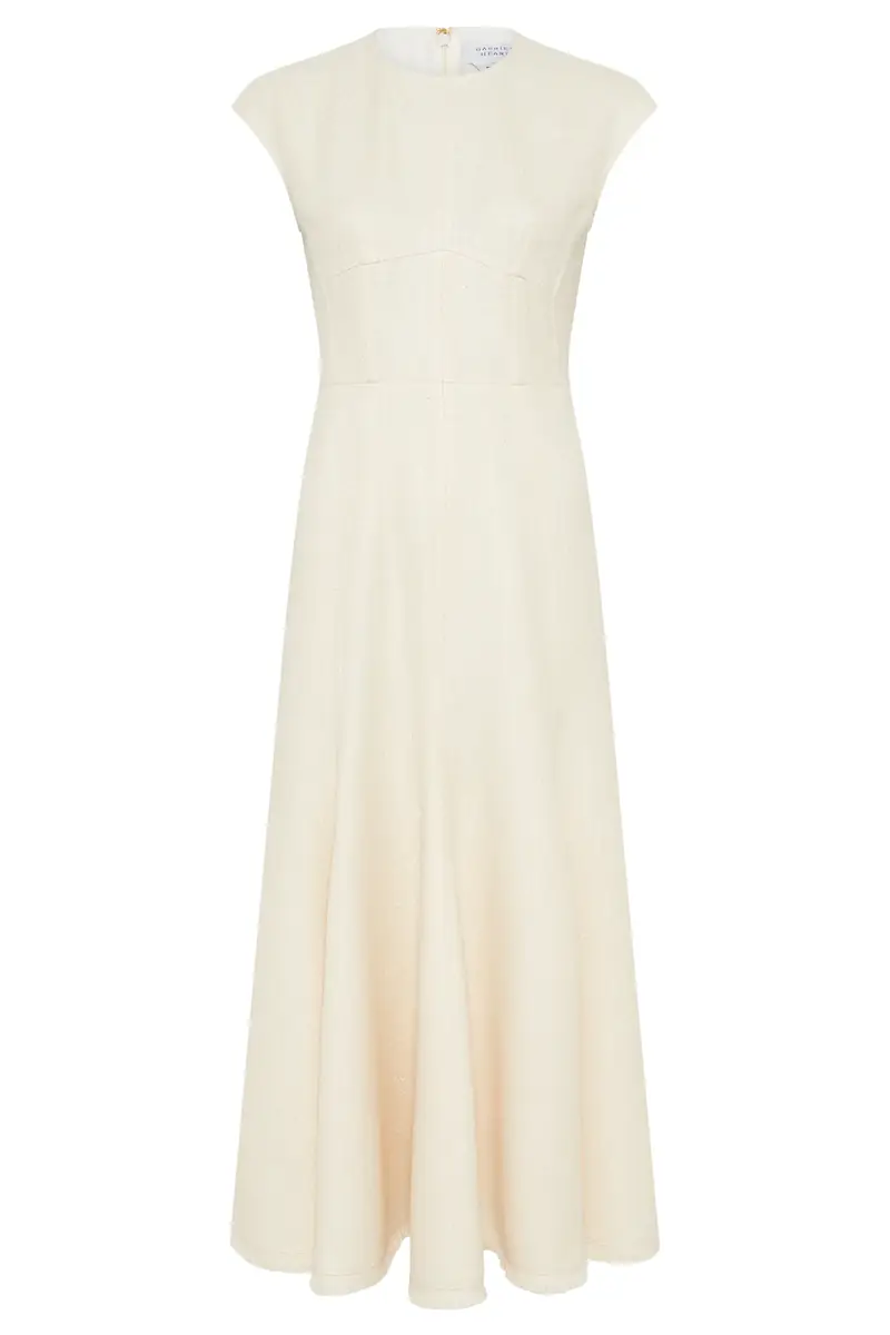 Crowther Midi Dress in Ivory Virgin Wool Silk Slub Crowther Midi Dress in Ivory Virgin Wool Silk Slub