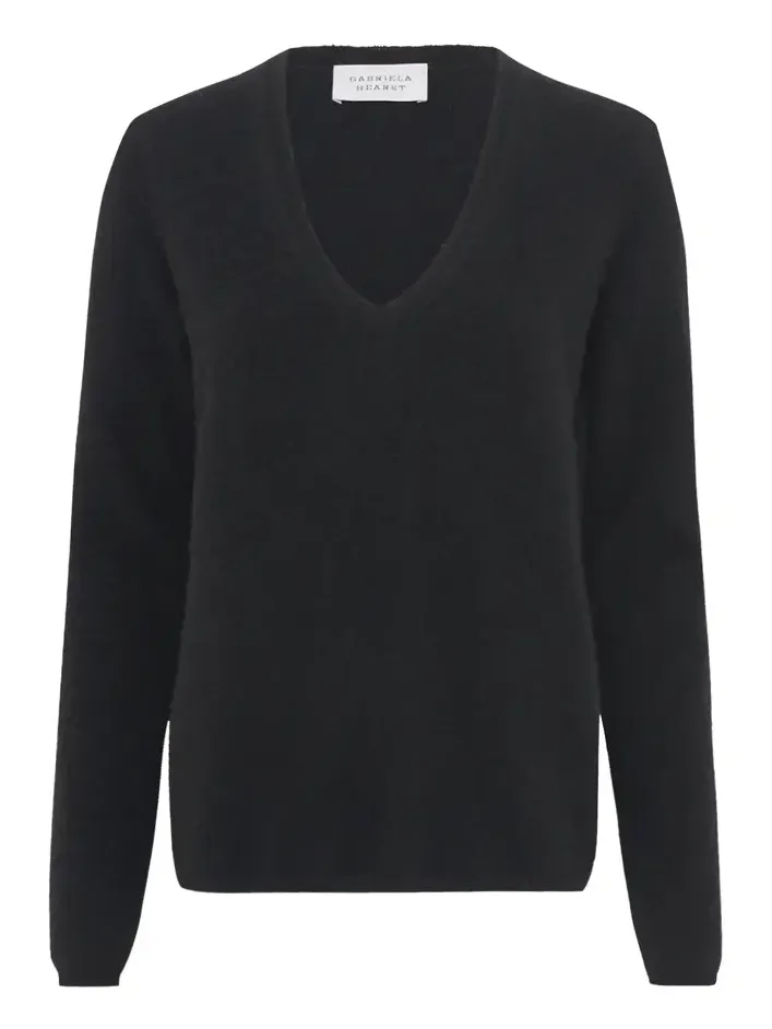 Vesper Knit V-Neck Sweater in Black Brushed Cashmere