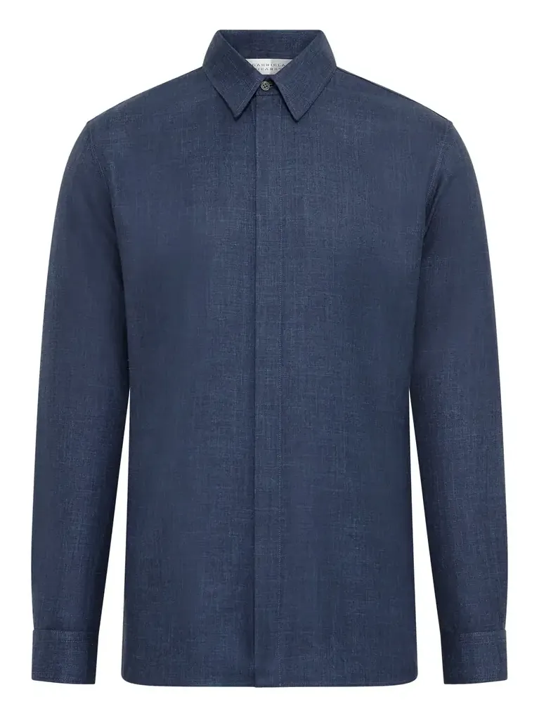 Nicolas Shirt in Denim Virgin Wool Silk with Linen