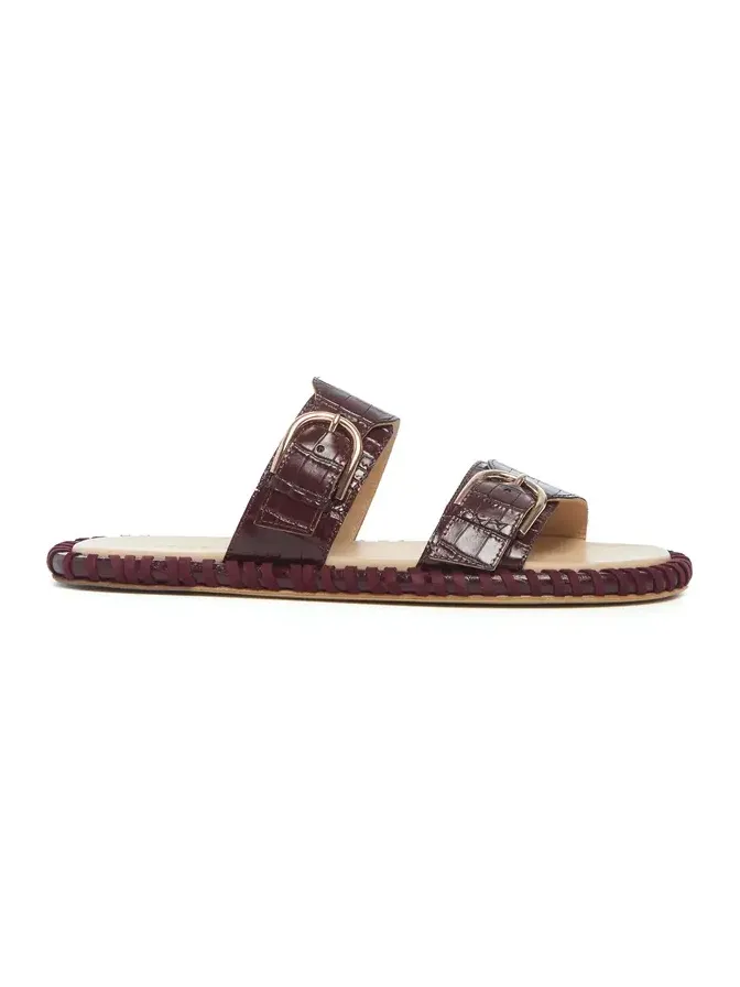 Sage Flat Sandal in Bordeaux Crocodile Embossed Leather
