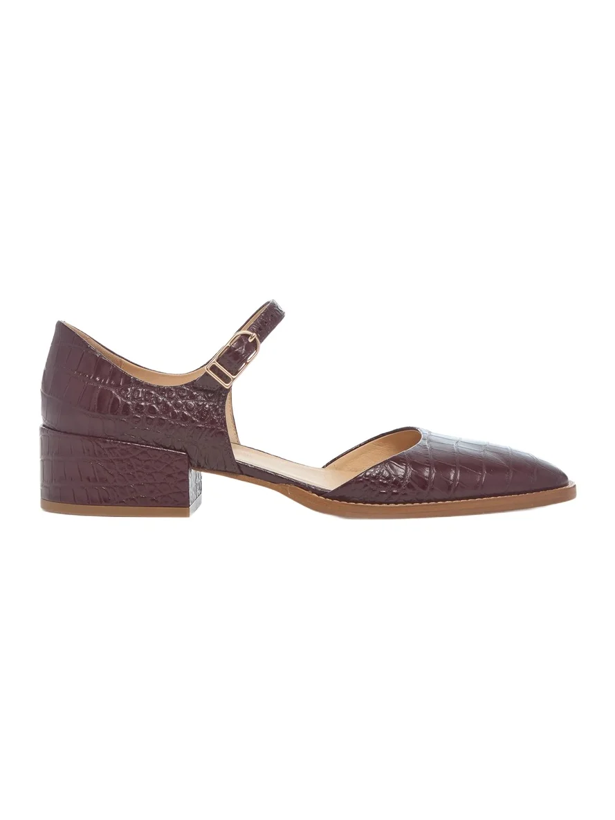 Riley Sandal in Bordeaux Crocodile Embossed Leather Riley Sandal in Bordeaux Crocodile Embossed Leather