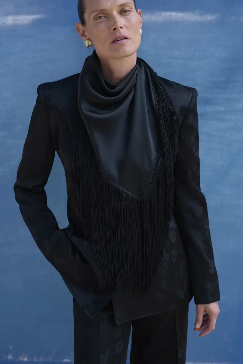 Gabriela Hearst Anderson Fringe Scarf Top in Black Silk Satin | Thumbnail 2 Gabriela Hearst Anderson Fringe Scarf Top in Black Silk Satin | Thumbnail 2