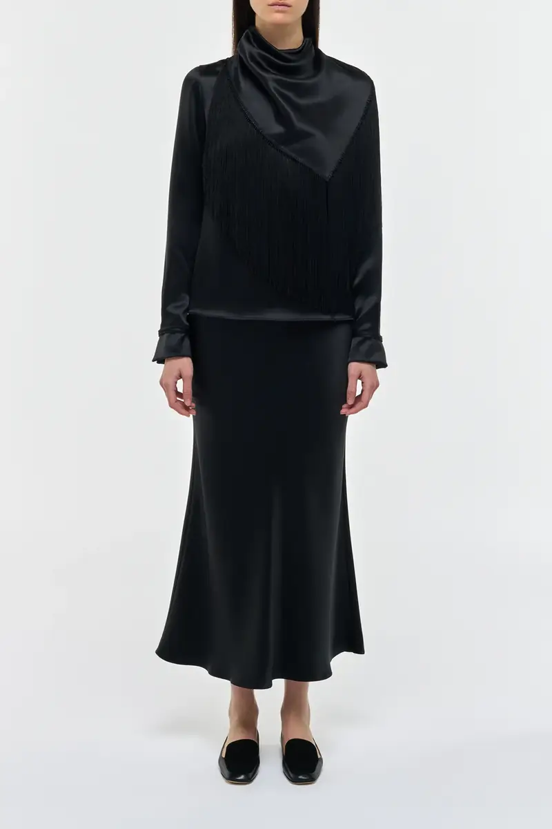 Gabriela Hearst Anderson Fringe Scarf Top in Black Silk Satin | Thumbnail 3 Gabriela Hearst Anderson Fringe Scarf Top in Black Silk Satin | Thumbnail 3