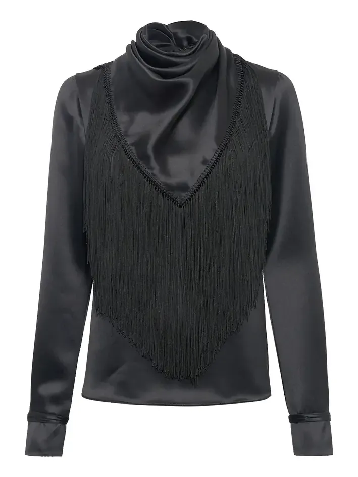 Gabriela Hearst Anderson Fringe Scarf Top in Black Silk Satin | Thumbnail 1 Gabriela Hearst Anderson Fringe Scarf Top in Black Silk Satin | Thumbnail 1