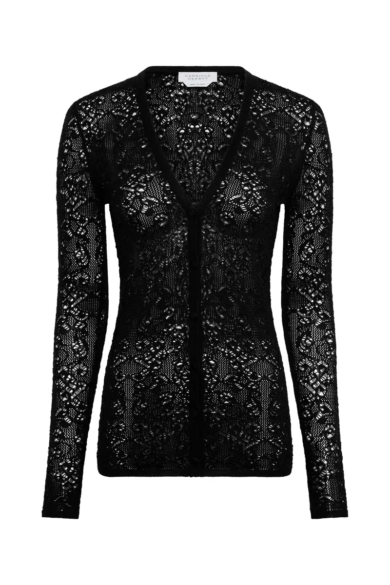 Gabriela Hearst Ultraris Lace Knit Cardigan in Black Merino Wool | Image 1 Gabriela Hearst Ultraris Lace Knit Cardigan in Black Merino Wool | Image 1