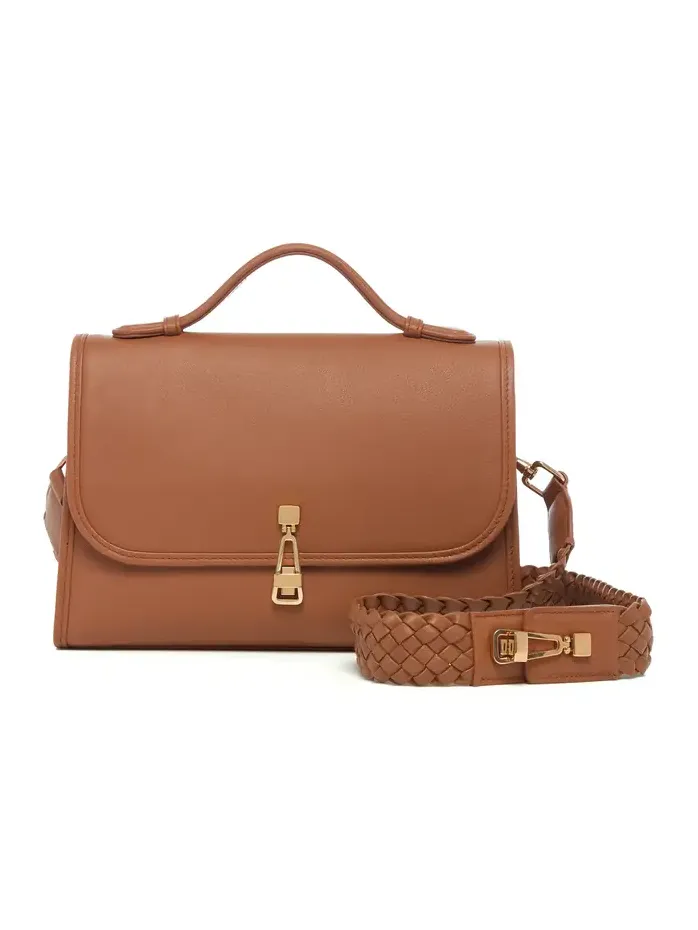 Medium Leonora Flap Bag in Cognac Leather with Braided Strap Medium Leonora Flap Bag in Cognac Leather with Braided Strap