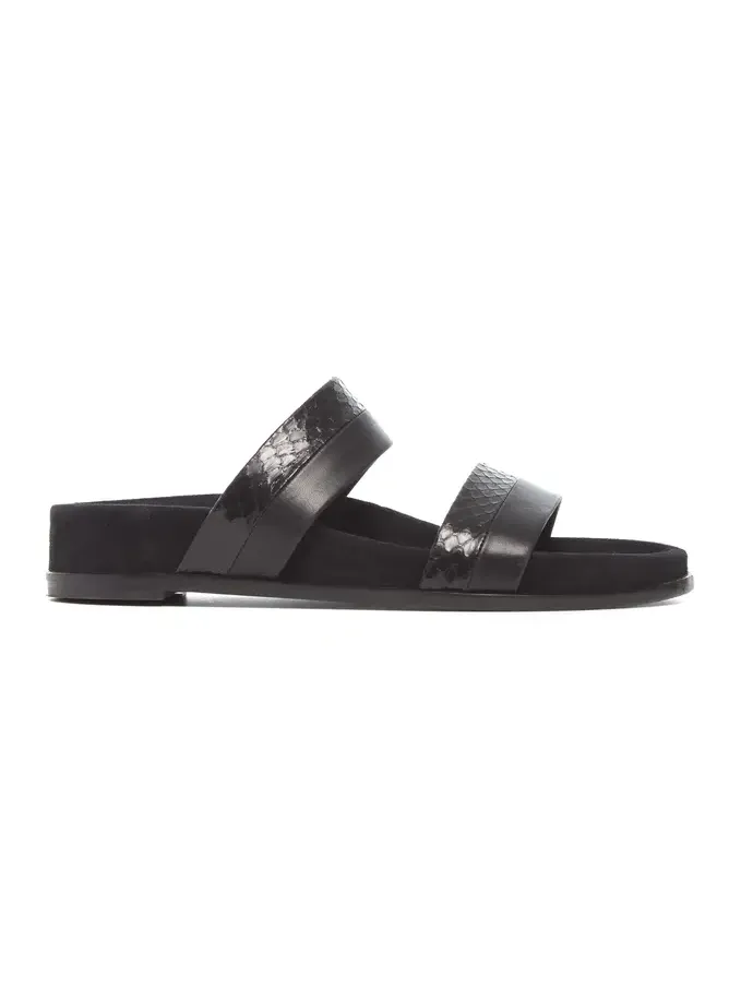 Gabriela Hearst Low Striker Flat Sandal in Black Snakeskin & Nappa Leather