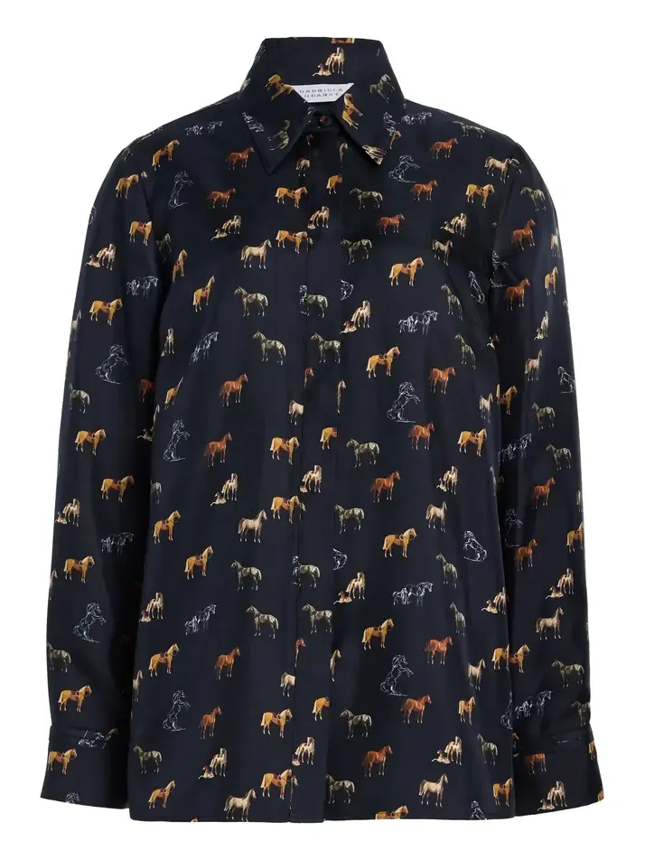 Gabriela Hearst Cruz Shirt in Dark Navy Multi Printed Silk Twill