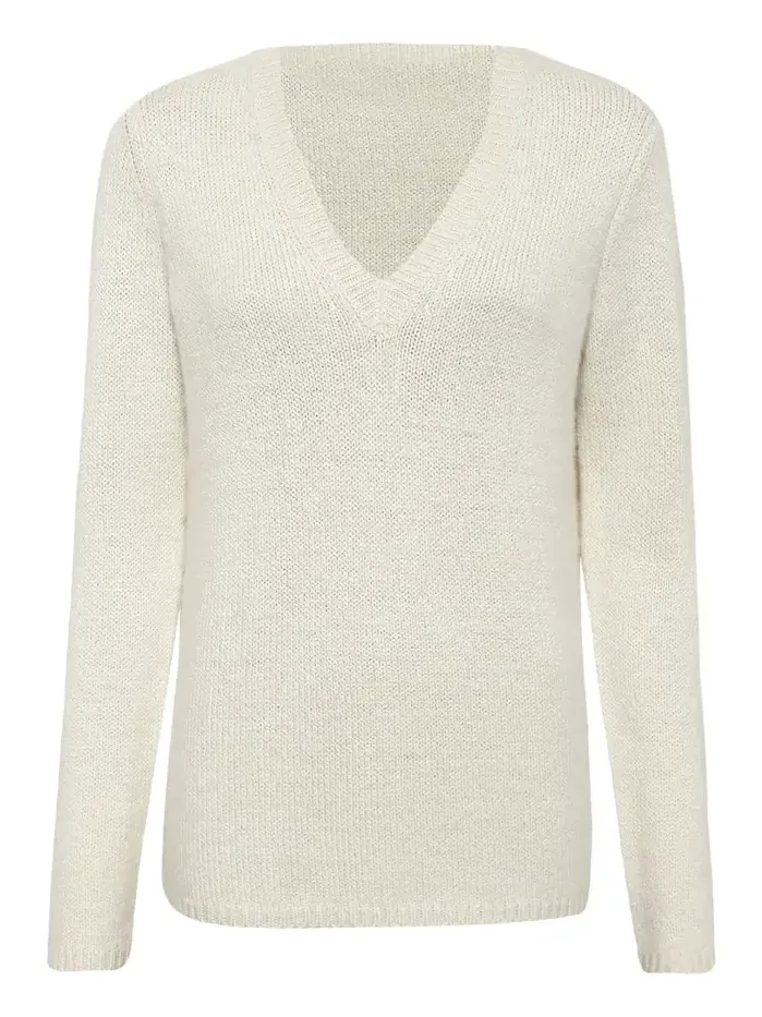 Isiah Knit V-Neck Sweater in Ivory Cashmere