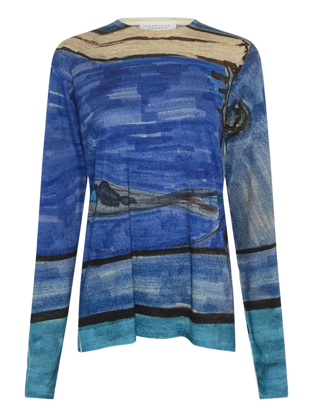 Gabriela Hearst Isaro Long Sleeve T-shirt in Water Multi Printed Cashmere Jersey