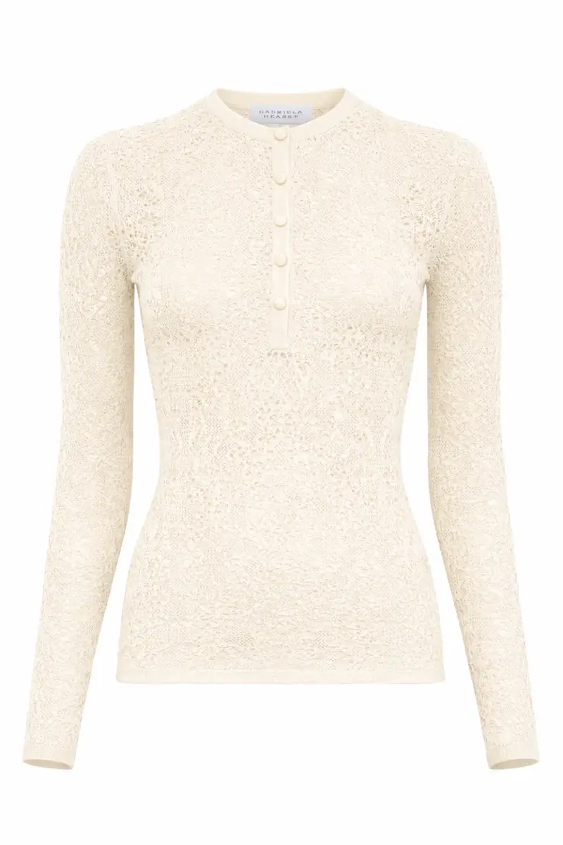 Gabriela Hearst Gaviran Lace Knit Henley in Off White Merino Wool | Image 1 Gabriela Hearst Gaviran Lace Knit Henley in Off White Merino Wool | Image 1