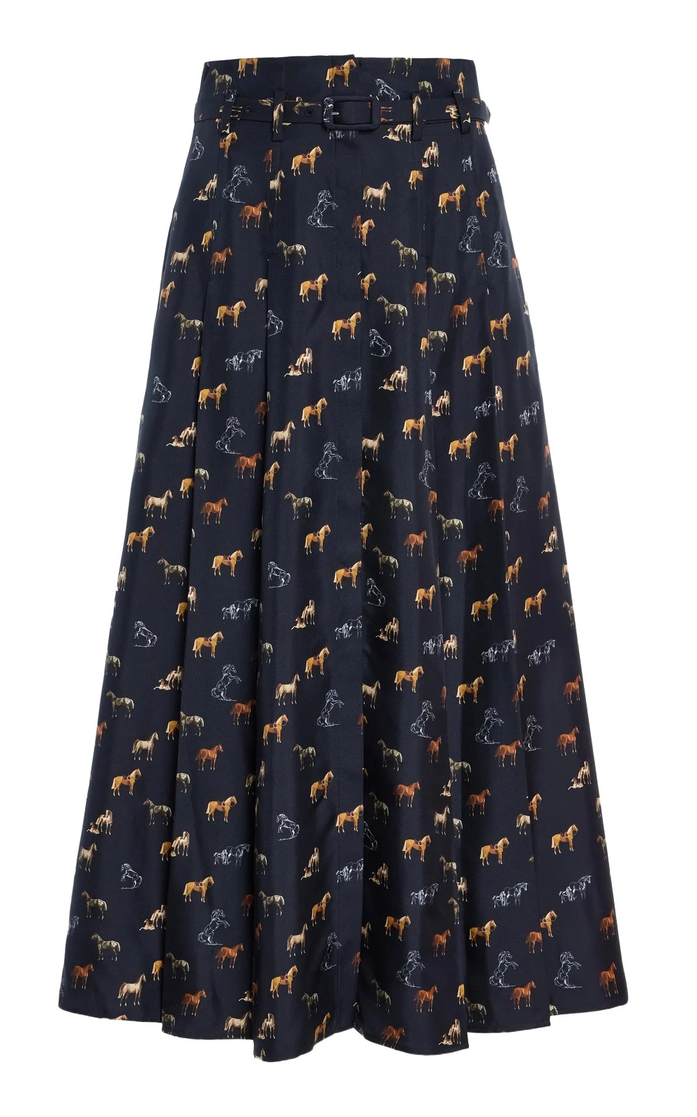 Gabriela Hearst Dugald Pleated Midi Skirt in Dark Navy Multi Printed Silk Twill