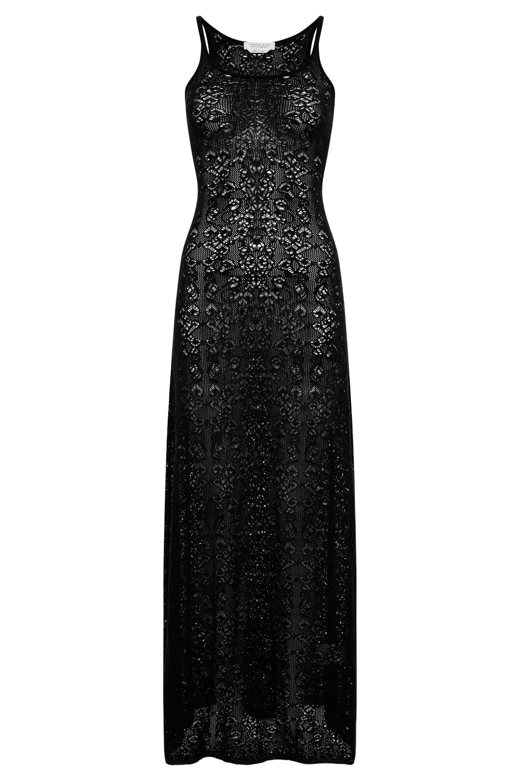 Meridian Lace Knit Maxi Dress in Black Merino Wool with Lining