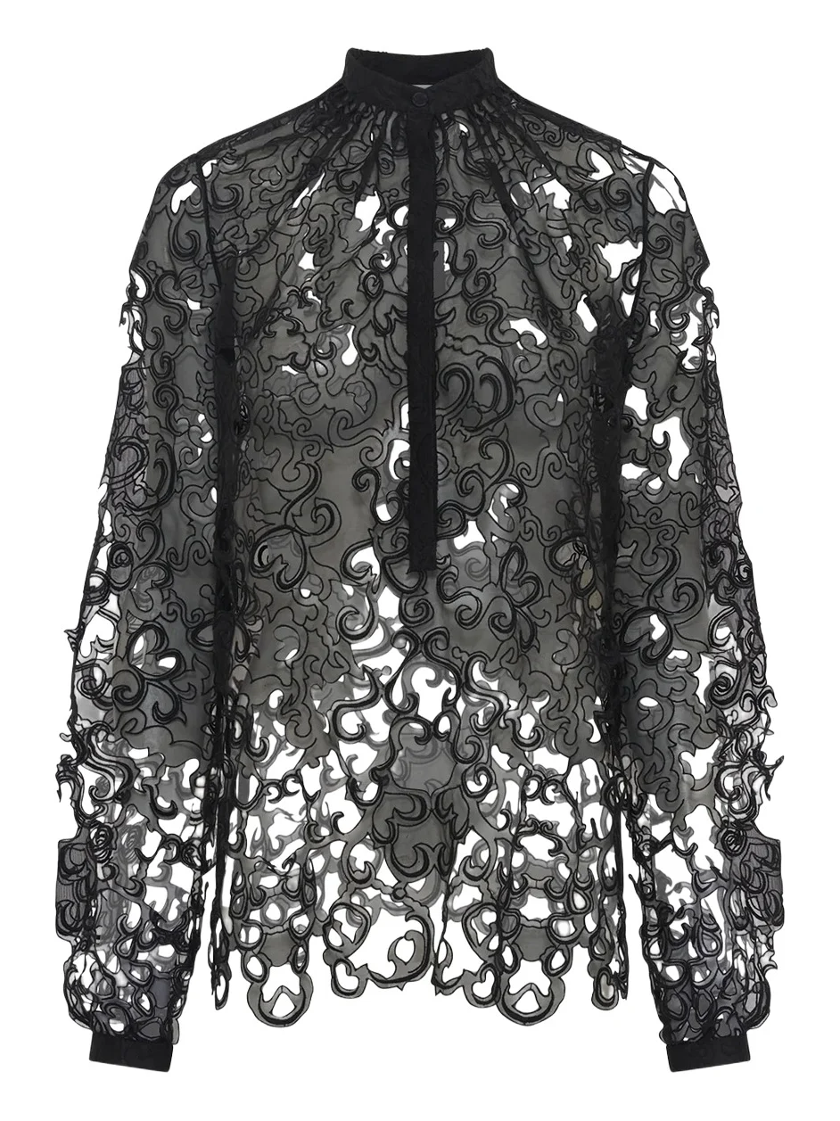 Gabriela Hearst Dietrich Blouse in Black Silk Organza Lace