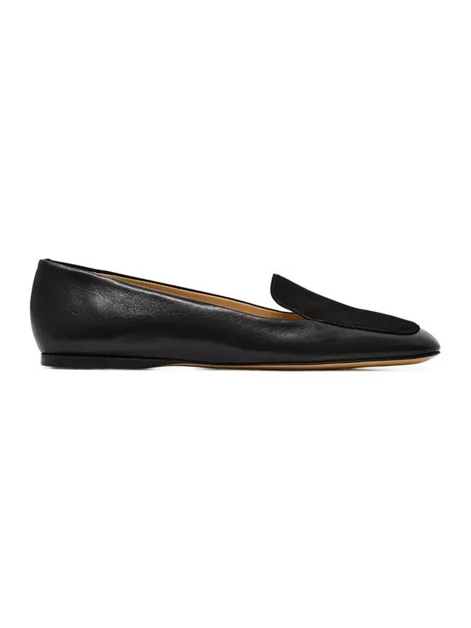 Aveda Flat Loafer in Black Leather & Suede Aveda Flat Loafer in Black Leather & Suede