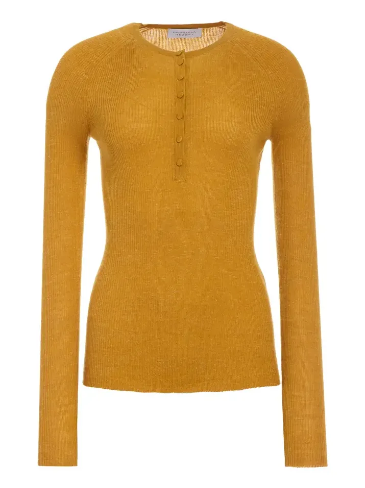 Anges Knit Henley in Golden Birch Cashmere Silk with Hemp Anges Knit Henley in Golden Birch Cashmere Silk with Hemp