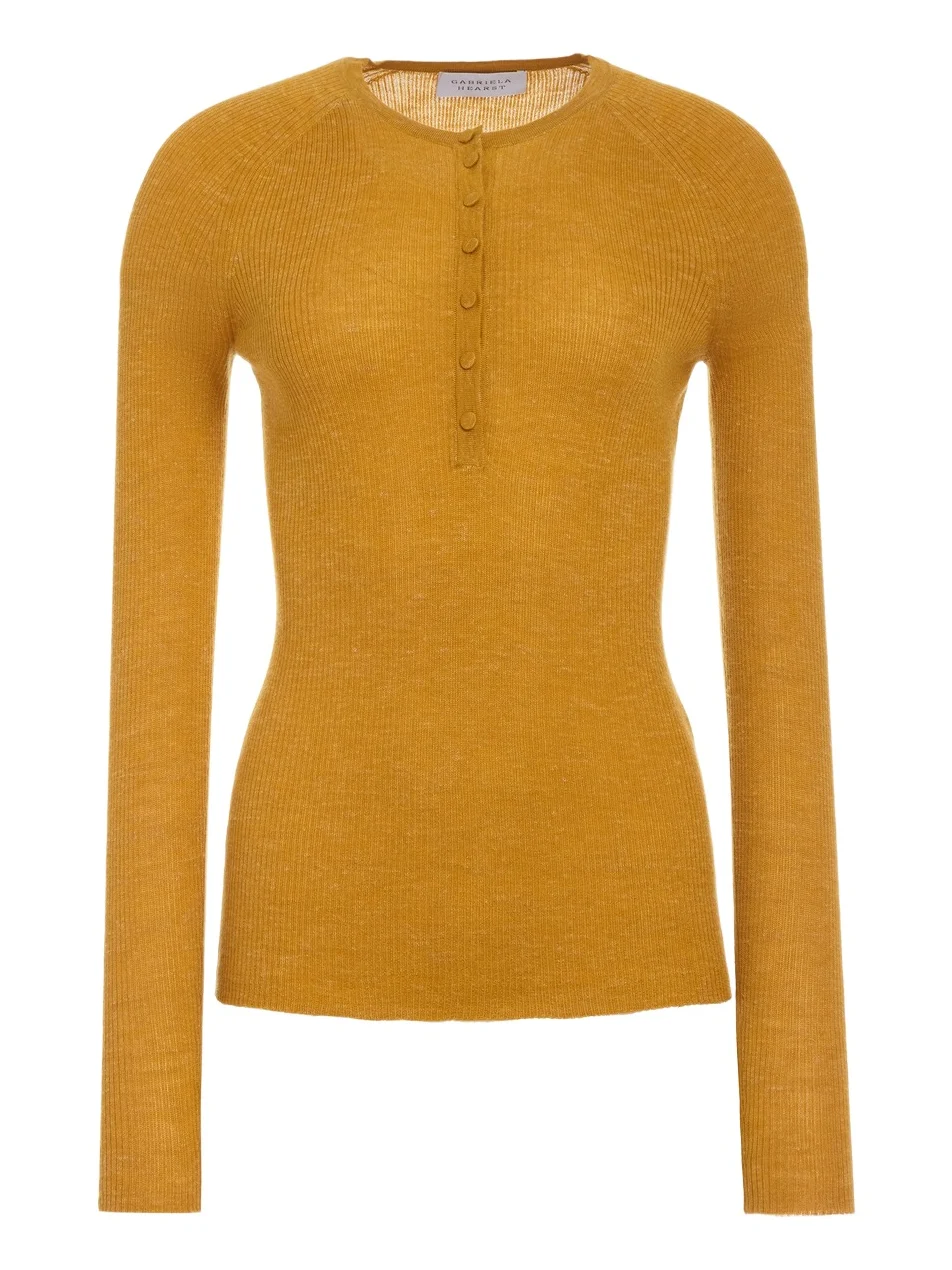 Gabriela Hearst Anges Knit Henley in Golden Birch Cashmere Silk with Hemp