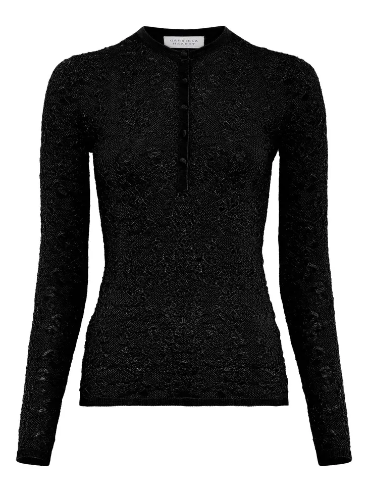 Gaviran Lace Knit Henley in Black Merino Wool