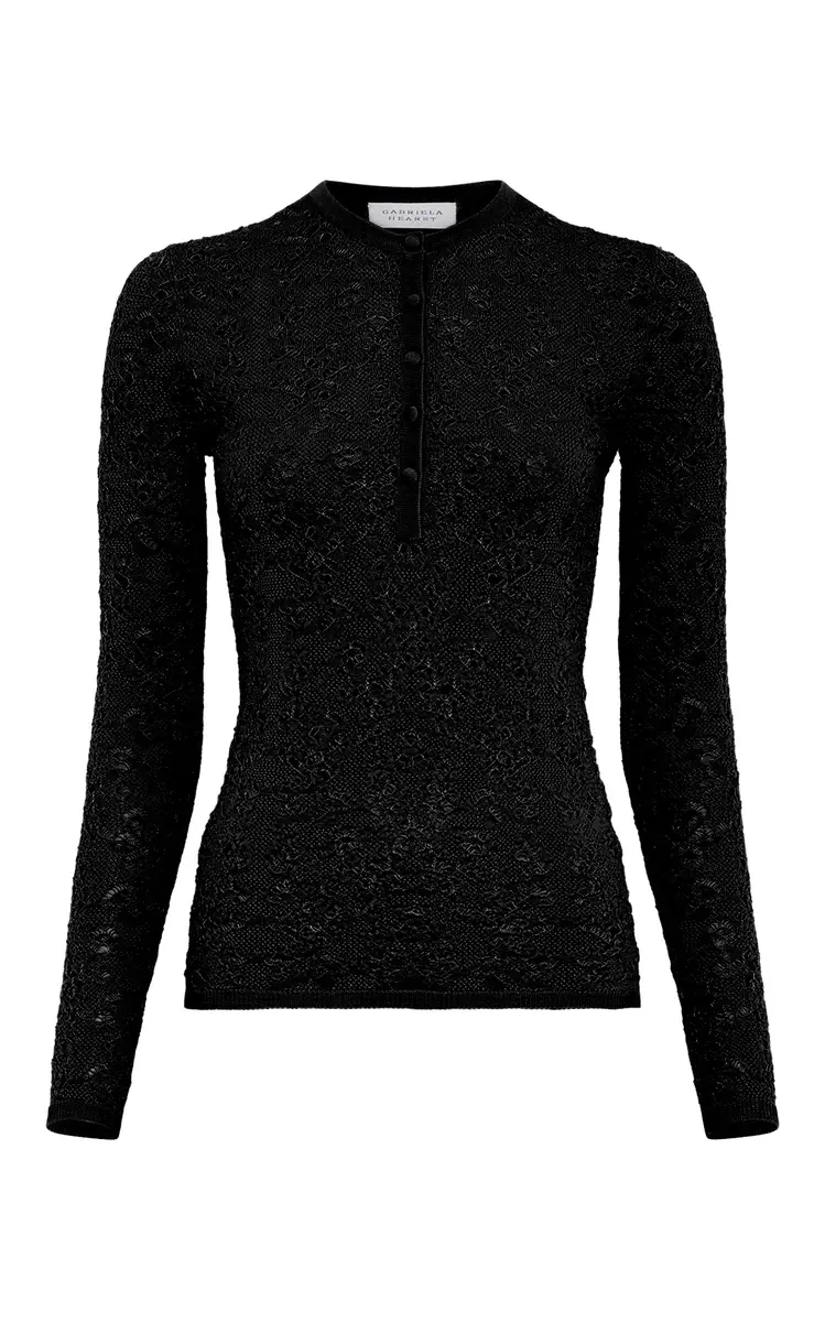 Gabriela Hearst Gaviran Lace Knit Henley in Black Merino Wool | Image 1 Gabriela Hearst Gaviran Lace Knit Henley in Black Merino Wool | Image 1