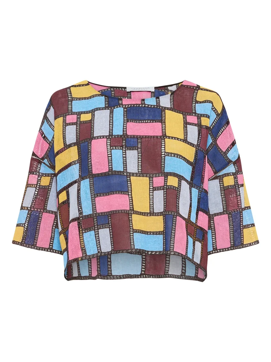 Gabriela Hearst Tatia Patchwork Embroidered Cropped Top in Aurora Multi Linen