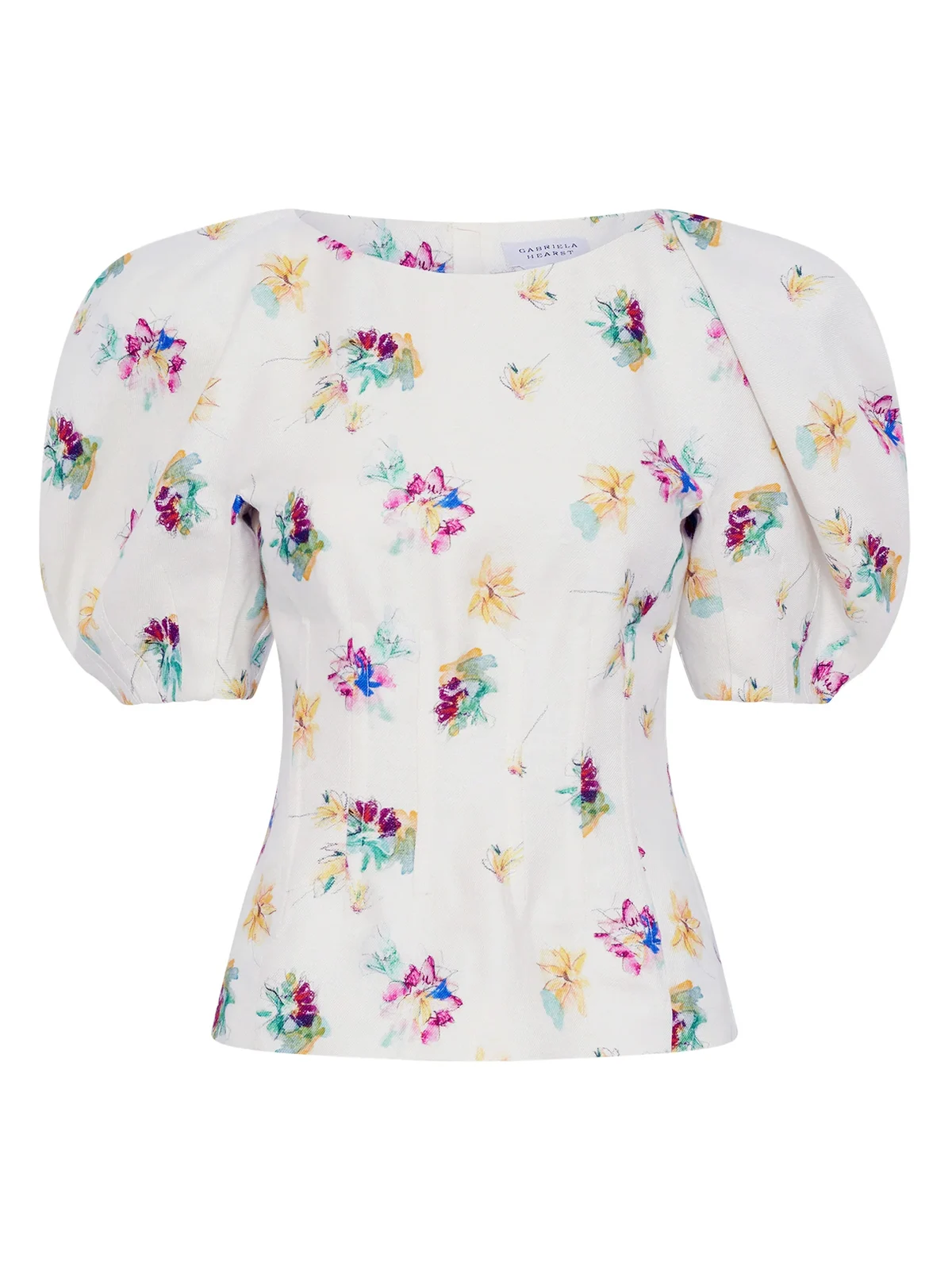 Ayelet Puff Sleeve Mia's Flowers Top in Ivory Multi Printed Linen Twill
