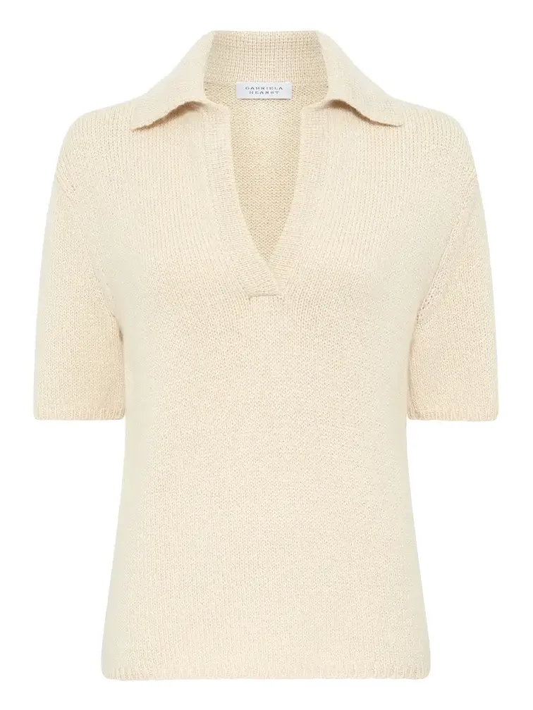 Sohan Knit Short Sleeve Polo in Off White Cashmere
