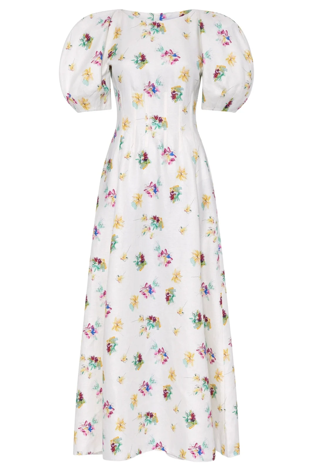 Ranya Puff Sleeve Mia's Flowers Maxi Dress in Ivory Multi Printed Linen Twill Ranya Puff Sleeve Mia's Flowers Maxi Dress in Ivory Multi Printed Linen Twill