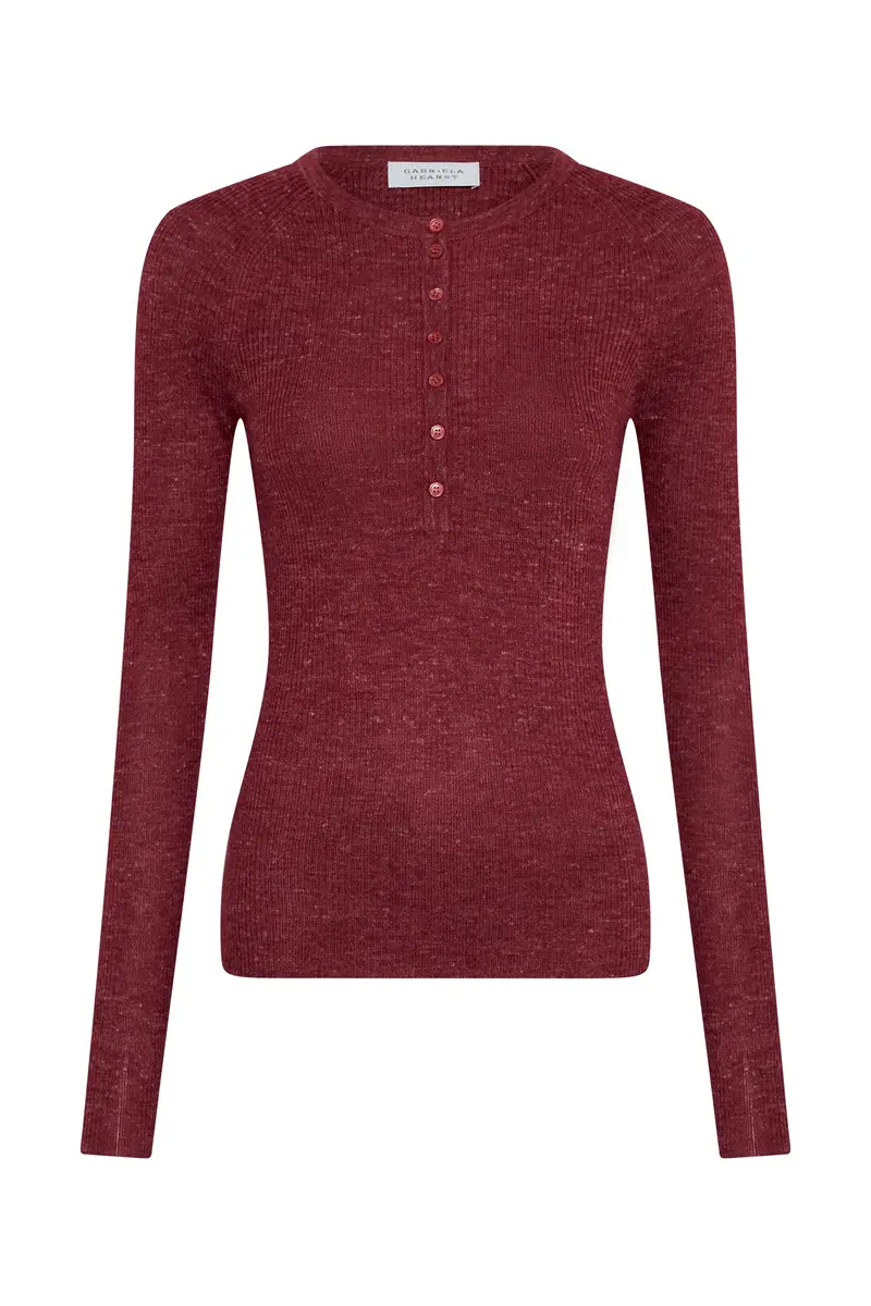 Gabriela Hearst Anges Knit Henley in Bordeaux Cashmere Silk with Hemp | Image 1 Gabriela Hearst Anges Knit Henley in Bordeaux Cashmere Silk with Hemp | Image 1